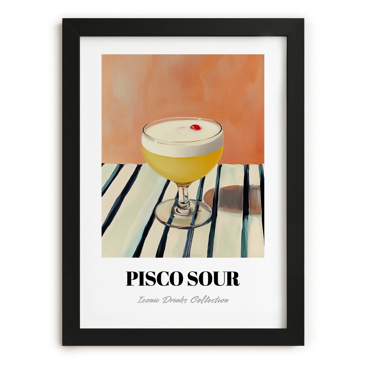 Pisco Sour – on Striped Tablecloth, Peruvian Spirit Wall Print, in sleek black frame