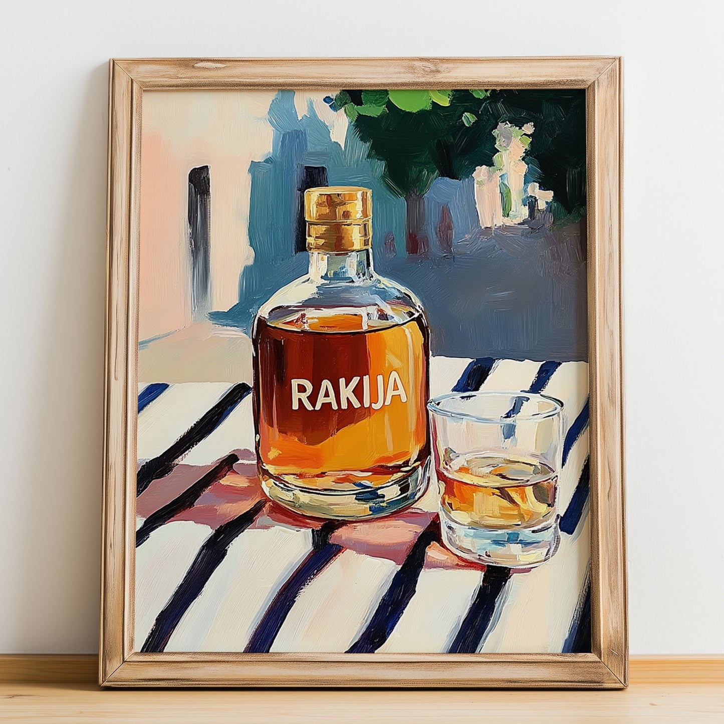 Rakija – Serbian Café on the Corner, Serbian Spirit Painting, no-text version framed in wood
