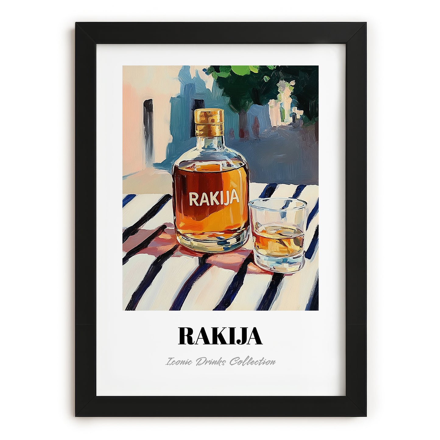 Rakija – Serbian Café on the Corner, Serbian Spirit Painting, in sleek black frame