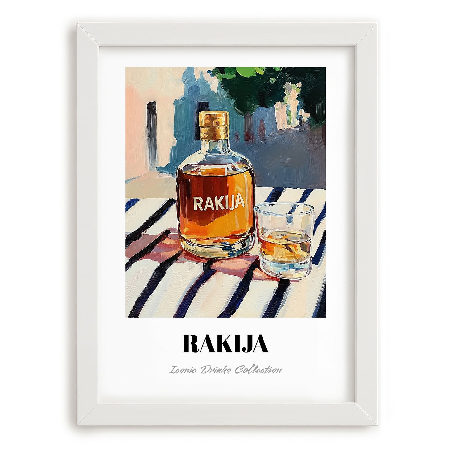 Rakija – Serbian Café on the Corner, Serbian Spirit Painting, placed in minimal white frame