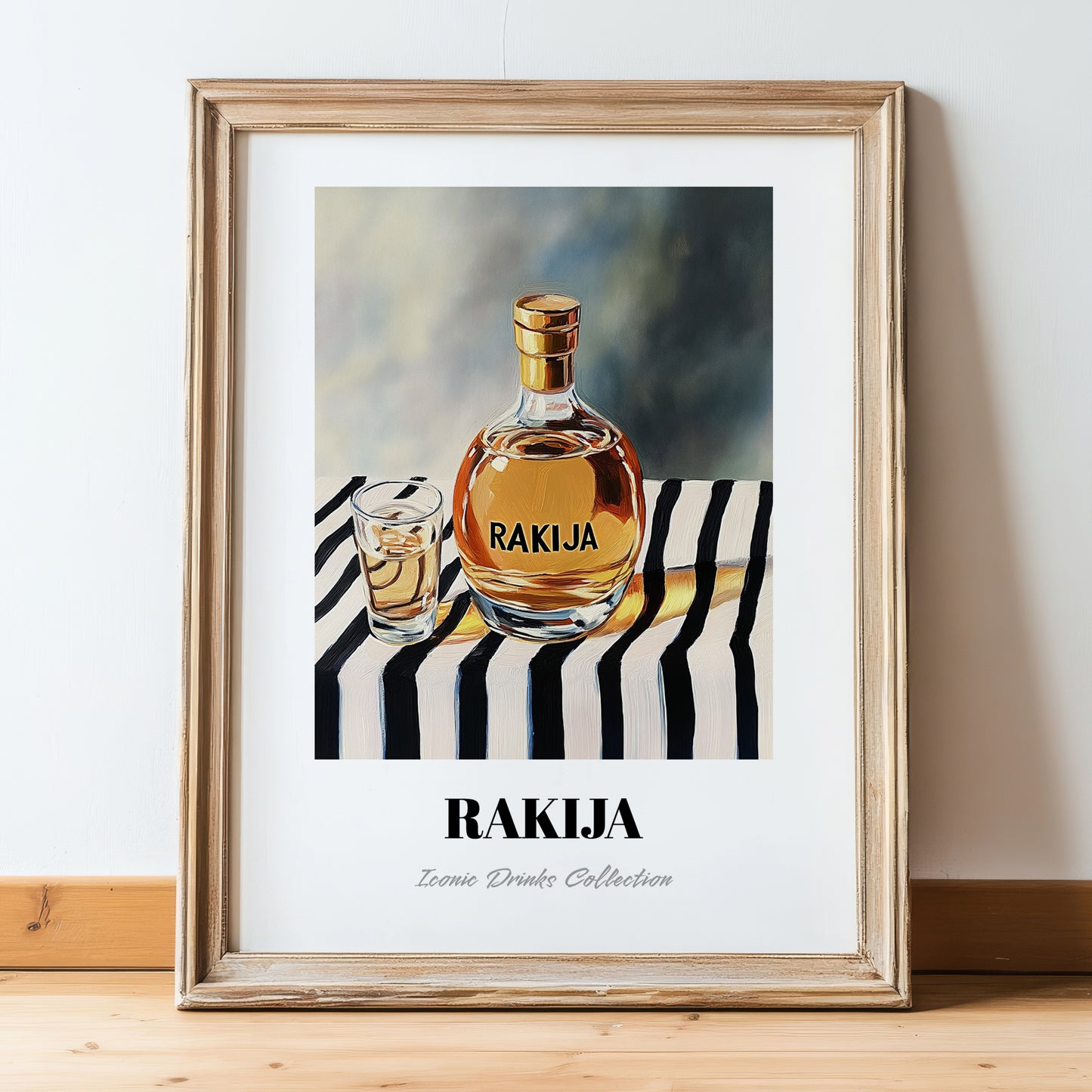 Rakija – on Striped Tablecloth, Serbian Spirit Wall Poster, in wooden frame leaning on the floor
