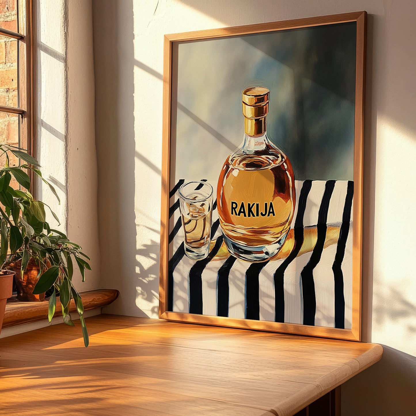 Rakija – on Striped Tablecloth, Serbian Spirit Wall Poster, clean layout with no caption