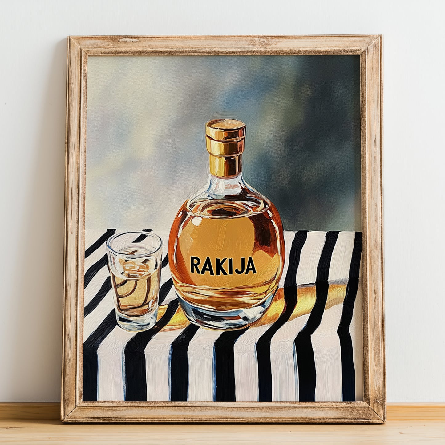 Rakija – on Striped Tablecloth, Serbian Spirit Wall Poster, no-text version framed in wood