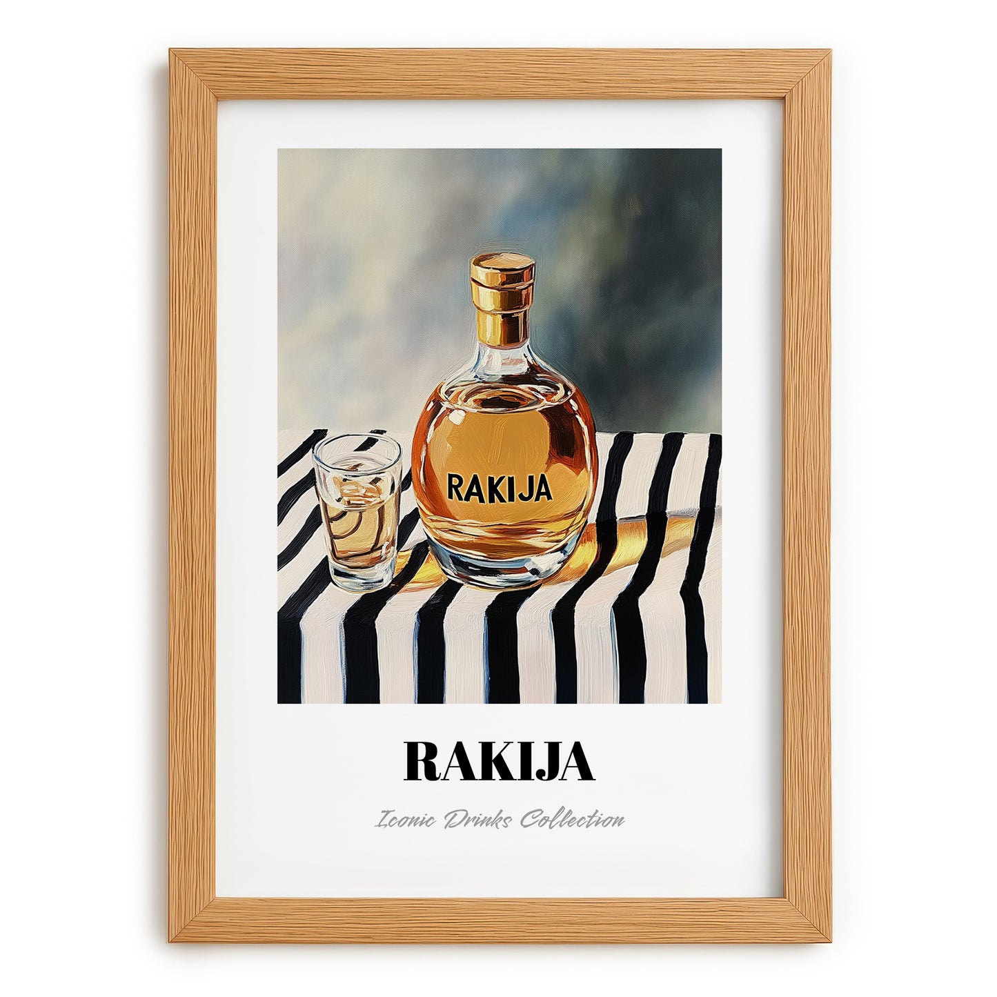 Rakija – on Striped Tablecloth, Serbian Spirit Wall Poster, set in oak frame