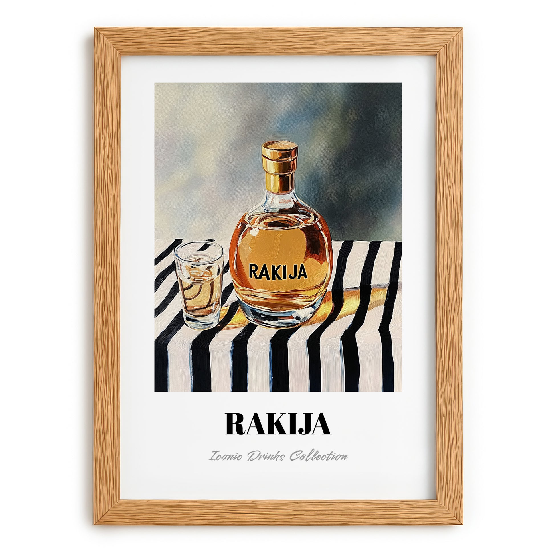 Rakija – on Striped Tablecloth, Serbian Spirit Wall Poster, set in oak frame