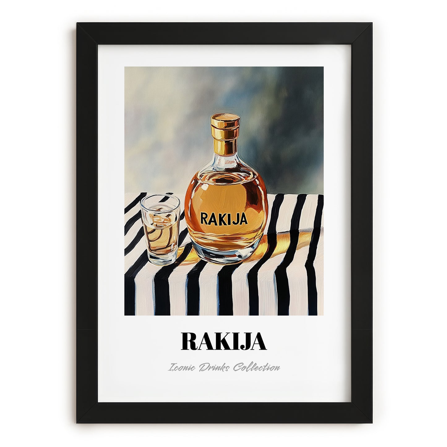 Rakija – on Striped Tablecloth, Serbian Spirit Wall Poster, in sleek black frame