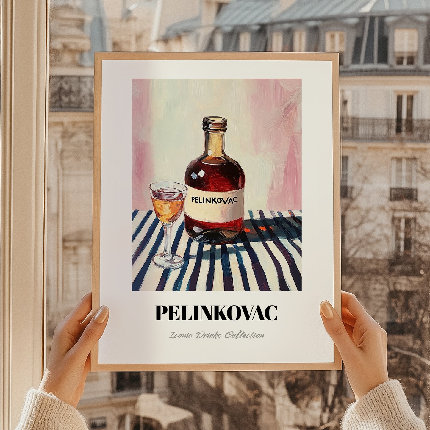Pelinkovac – on Striped Tablecloth, Croatian Beverage Illustration, styled in a charming Paris street view