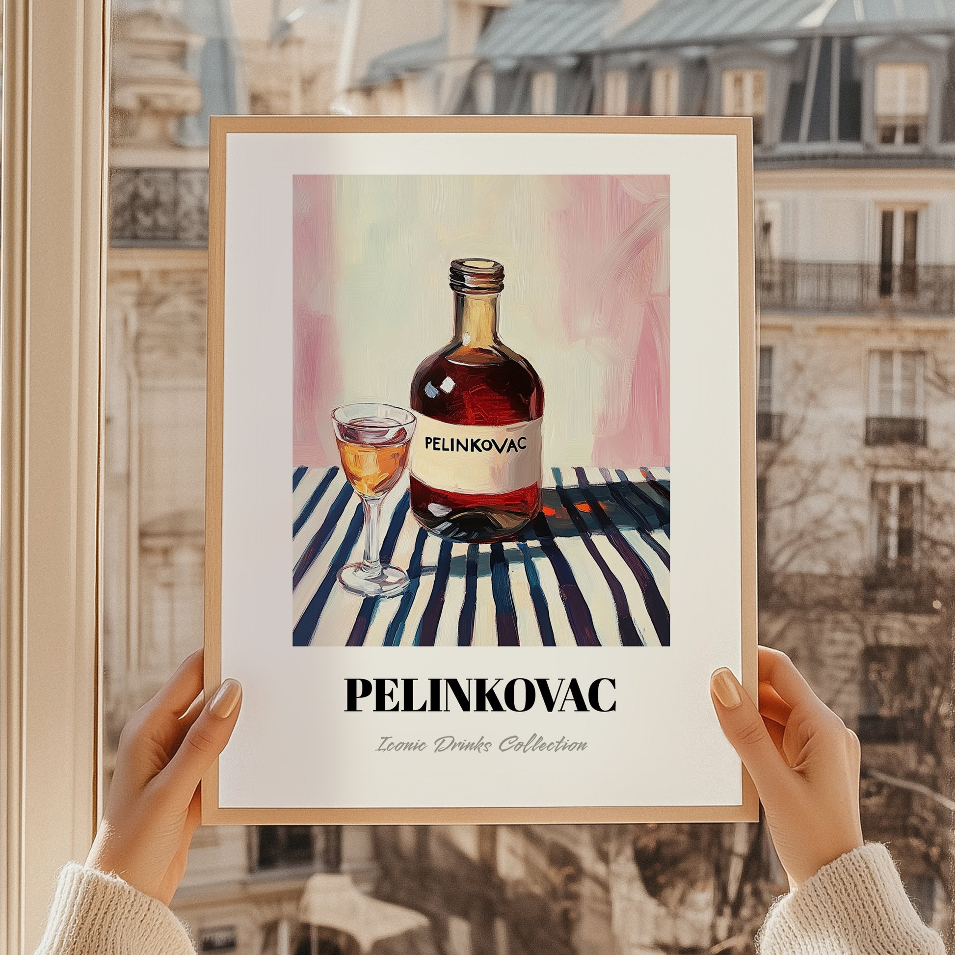 Pelinkovac – on Striped Tablecloth, Croatian Beverage Illustration, styled in a charming Paris street view