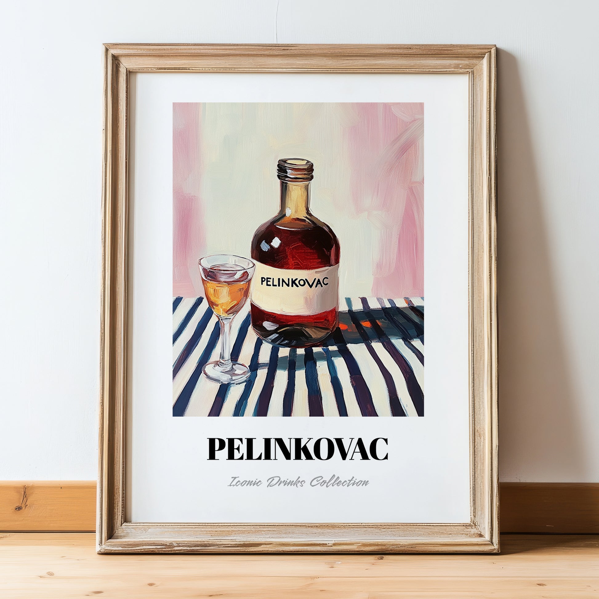 Pelinkovac – on Striped Tablecloth, Croatian Beverage Illustration, in wooden frame leaning on the floor