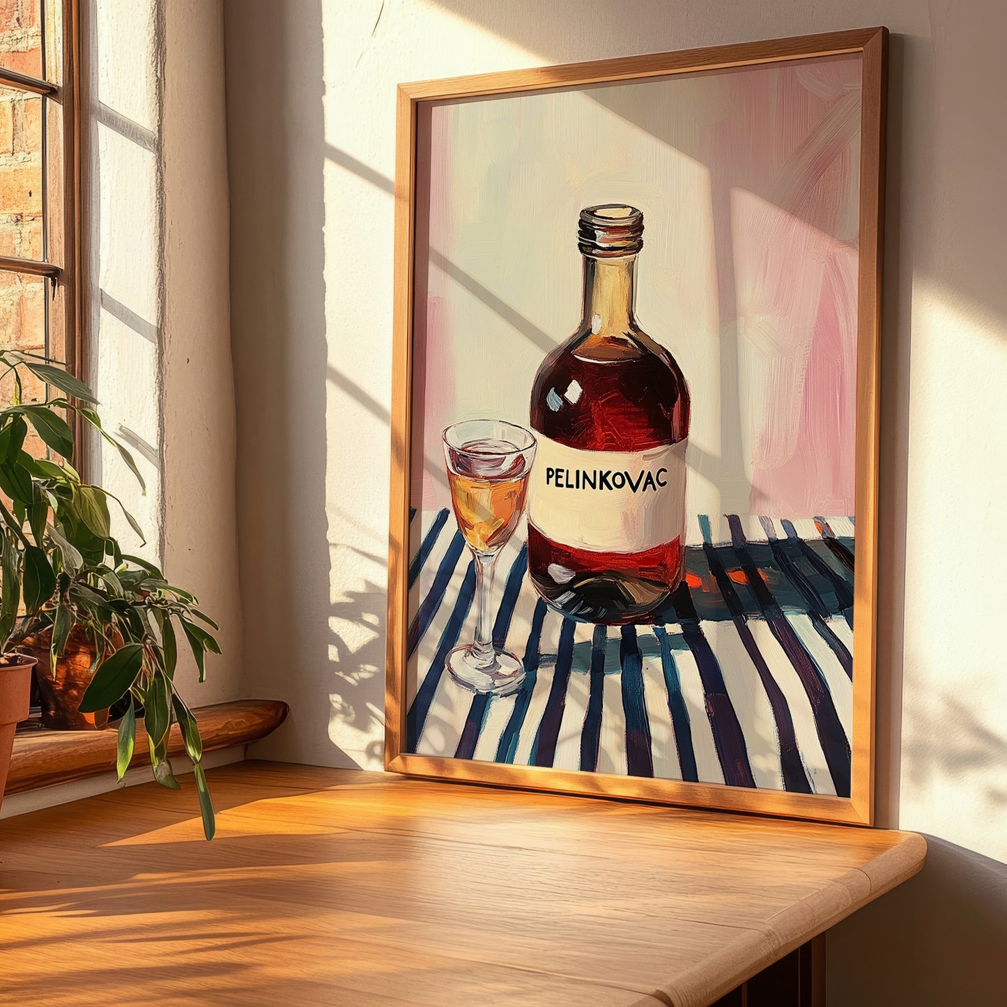 Pelinkovac – on Striped Tablecloth, Croatian Beverage Illustration, clean layout with no caption