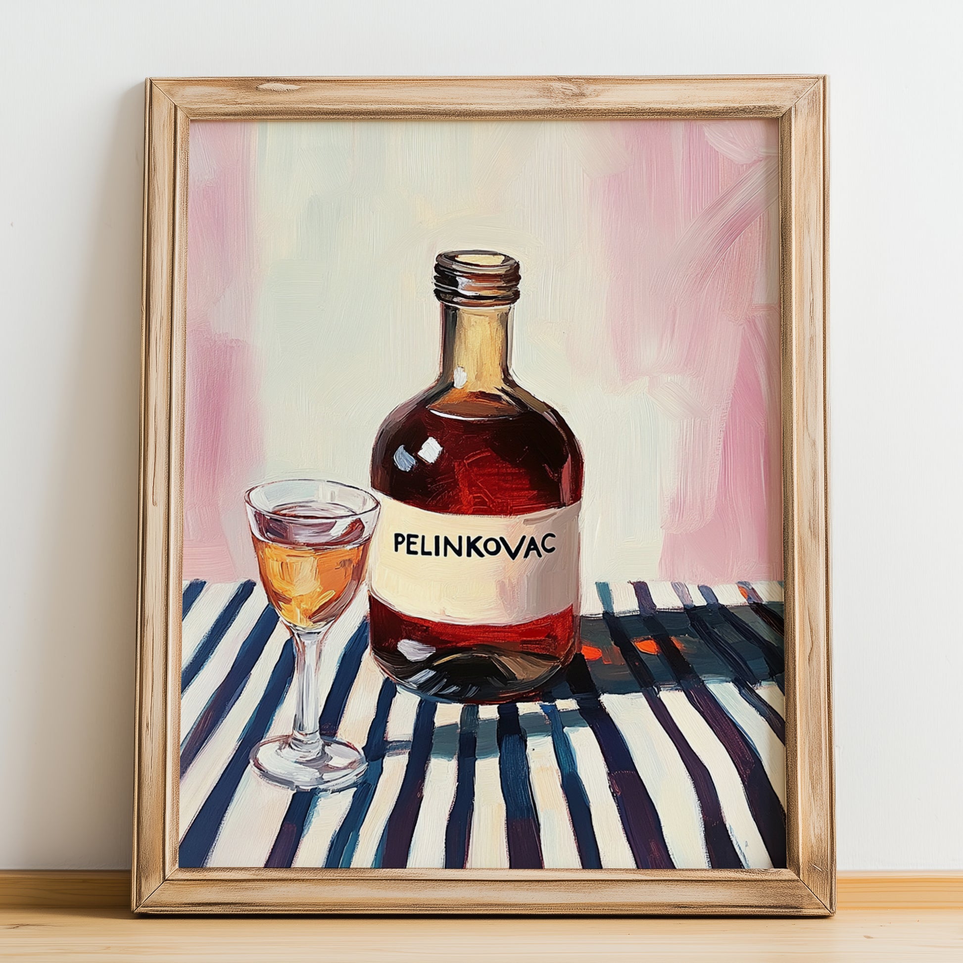 Pelinkovac – on Striped Tablecloth, Croatian Beverage Illustration, no-text version framed in wood
