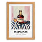 Pelinkovac – on Striped Tablecloth, Croatian Beverage Illustration, set in oak frame