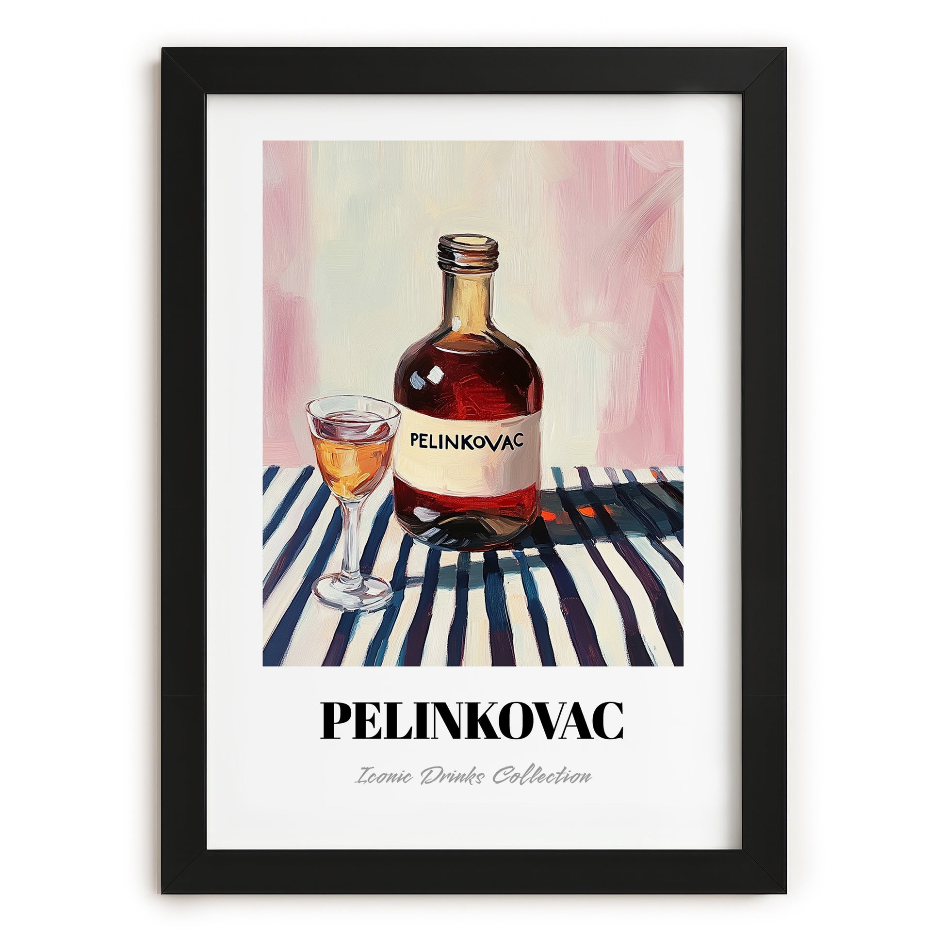 Pelinkovac – on Striped Tablecloth, Croatian Beverage Illustration, in sleek black frame