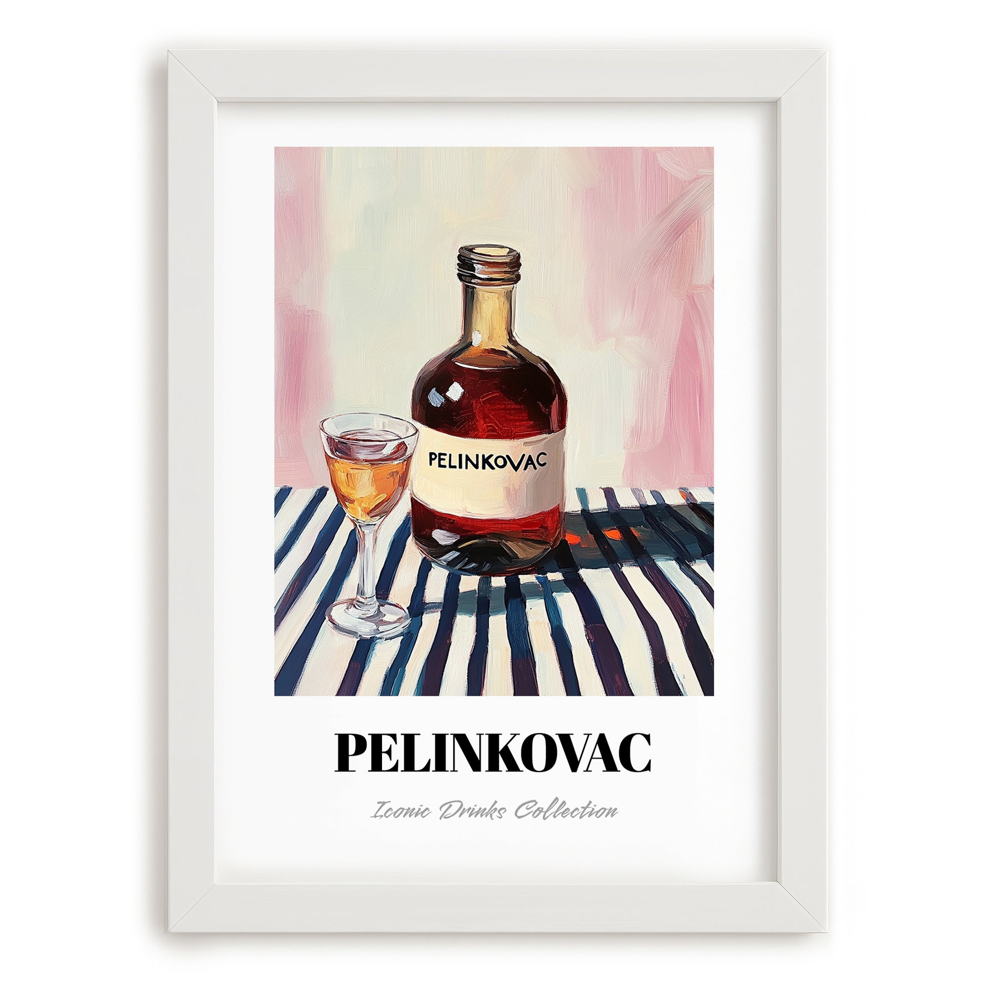 Pelinkovac – on Striped Tablecloth, Croatian Beverage Illustration, placed in minimal white frame