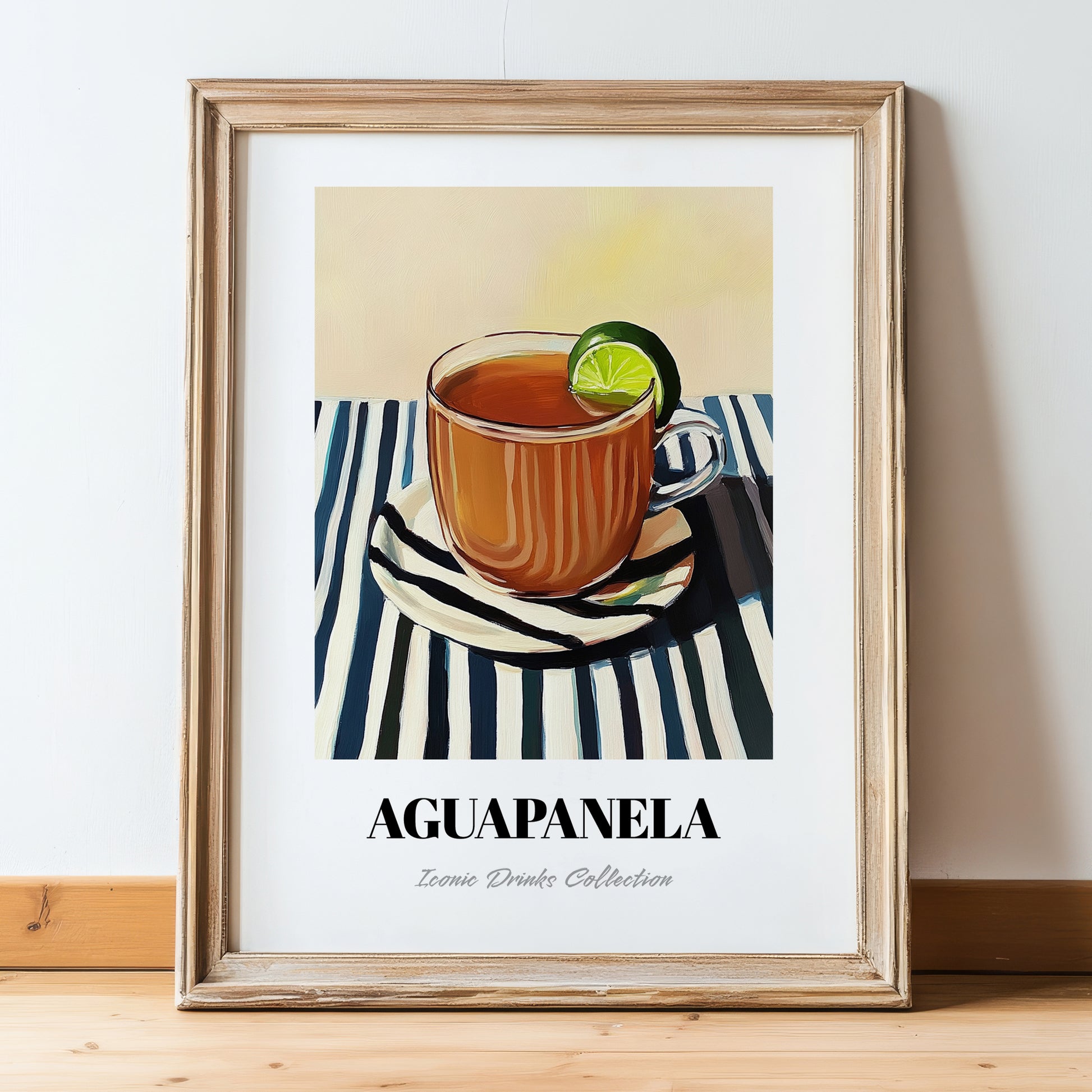 Aguapanela – on Striped Tablecloth, Colombian Beverage Painting, in wooden frame leaning on the floor