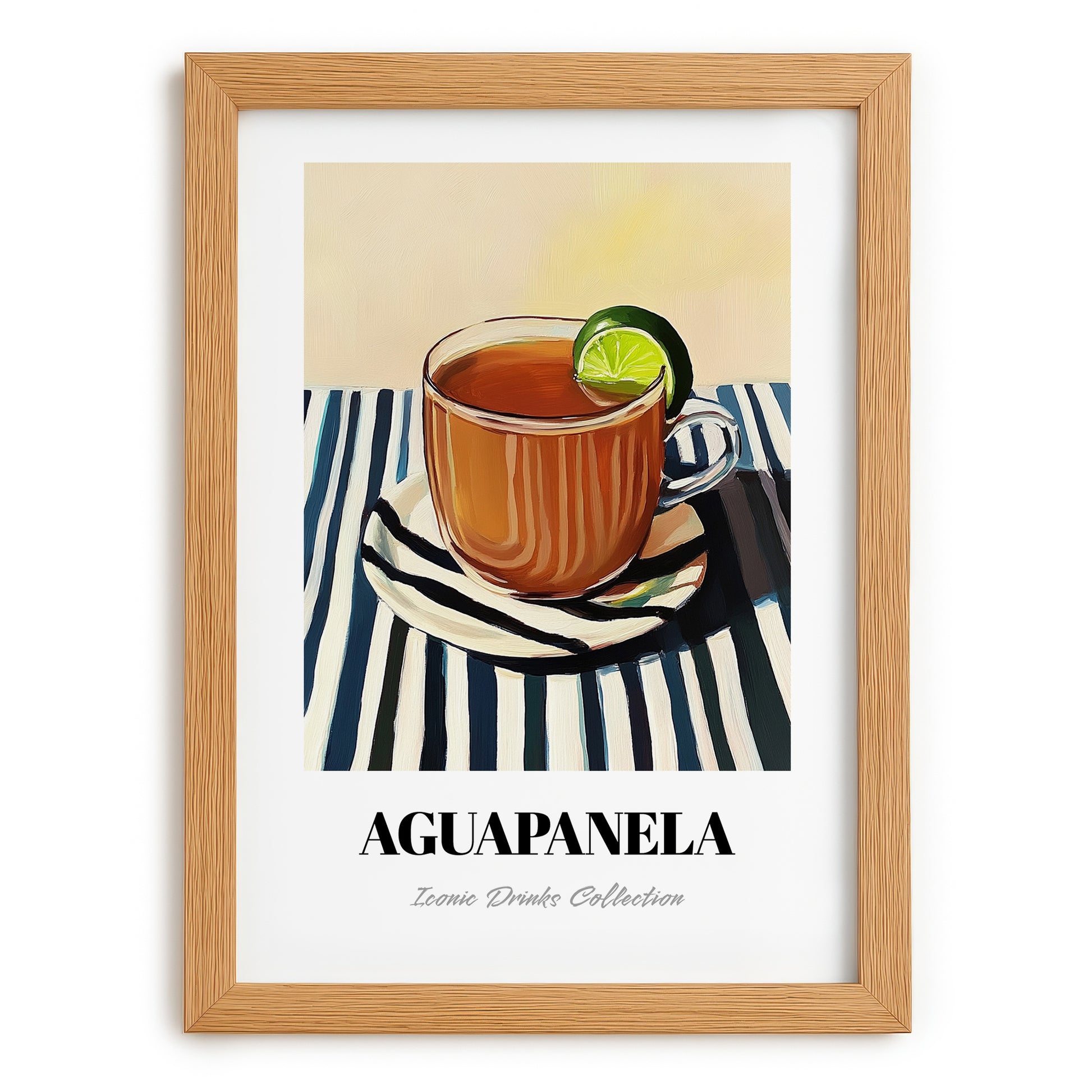 Aguapanela – on Striped Tablecloth, Colombian Beverage Painting, set in oak frame