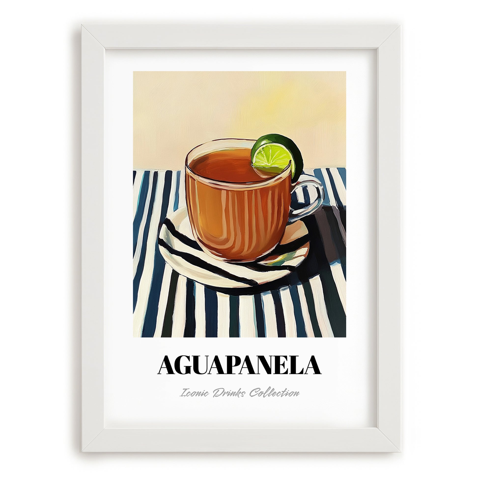 Aguapanela – on Striped Tablecloth, Colombian Beverage Painting, placed in minimal white frame