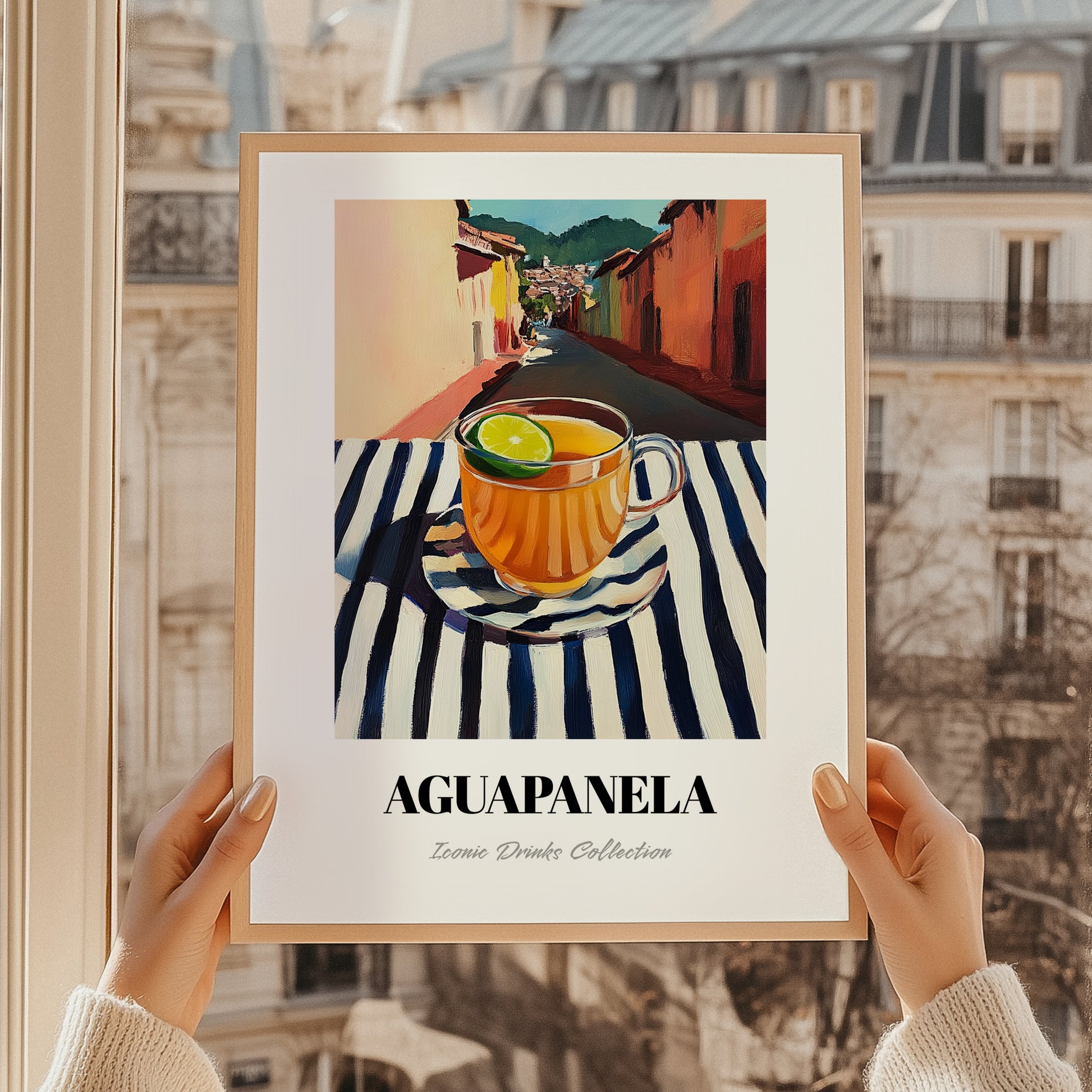 Aguapanela – Colombian Street Café Scene, Colombian Coffee Painting, styled in a charming Paris street view