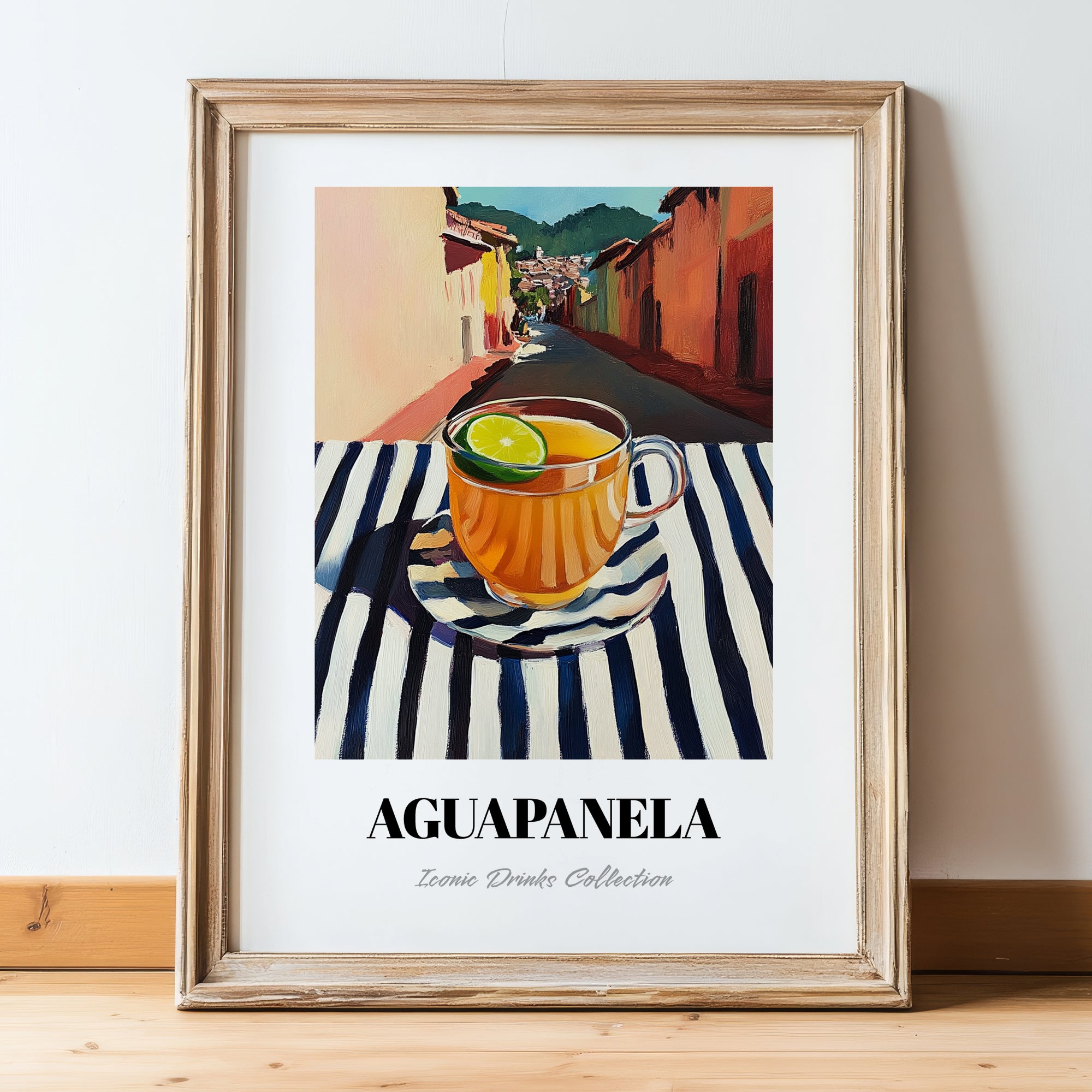 Aguapanela – Colombian Street Café Scene, Colombian Coffee Painting, in wooden frame leaning on the floor