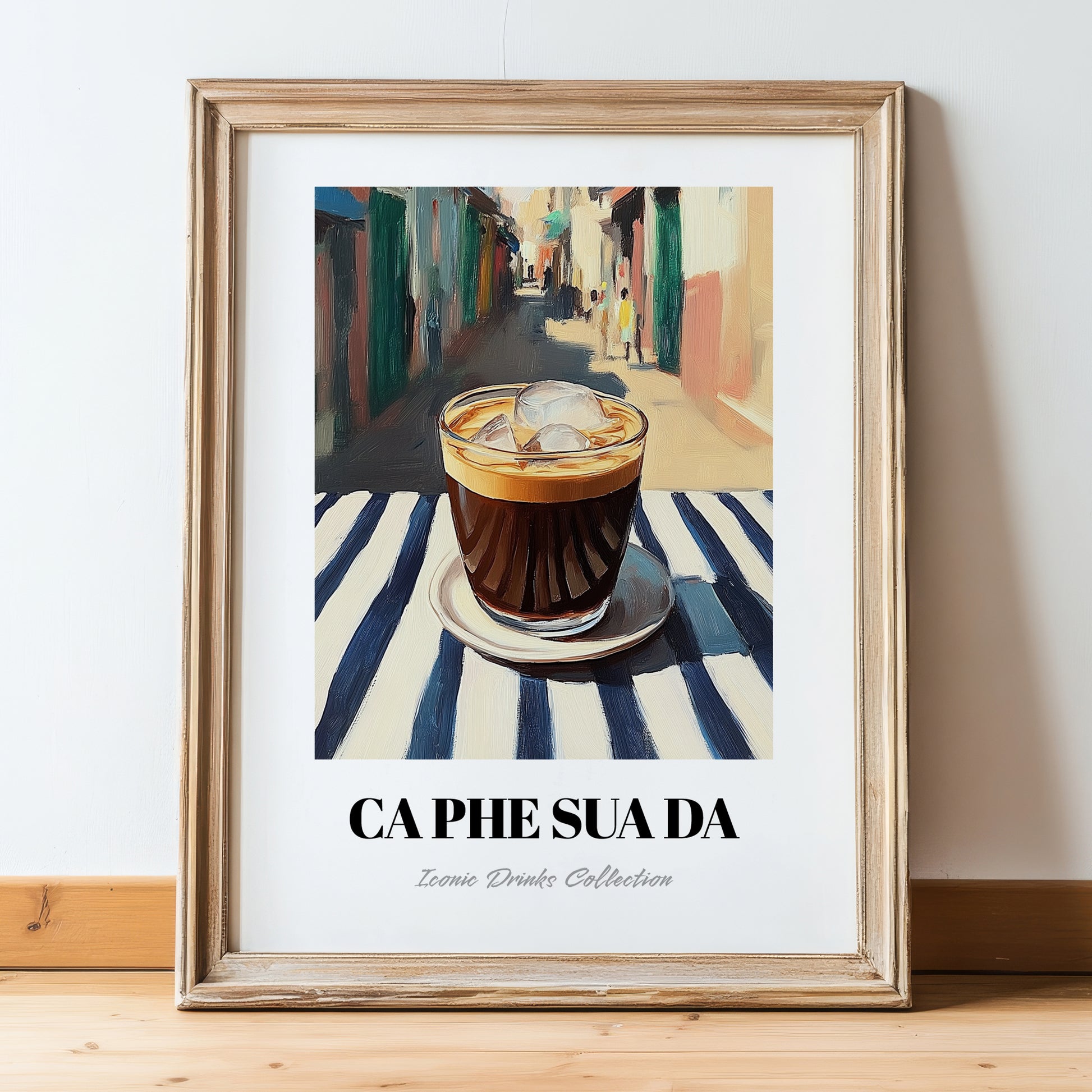 Cà Phê Sữa Đá – Vietnamese Street Café Scene, Vietnamese Coffee Painting, in wooden frame leaning on the floor