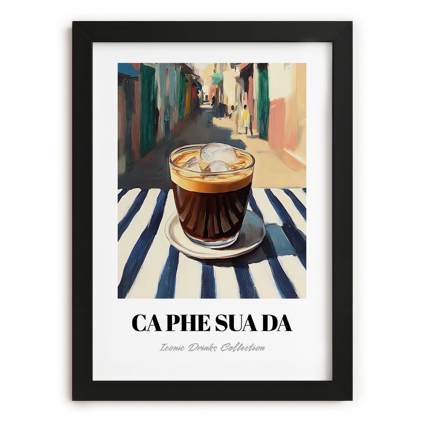 Cà Phê Sữa Đá – Vietnamese Street Café Scene, Vietnamese Coffee Painting, in sleek black frame