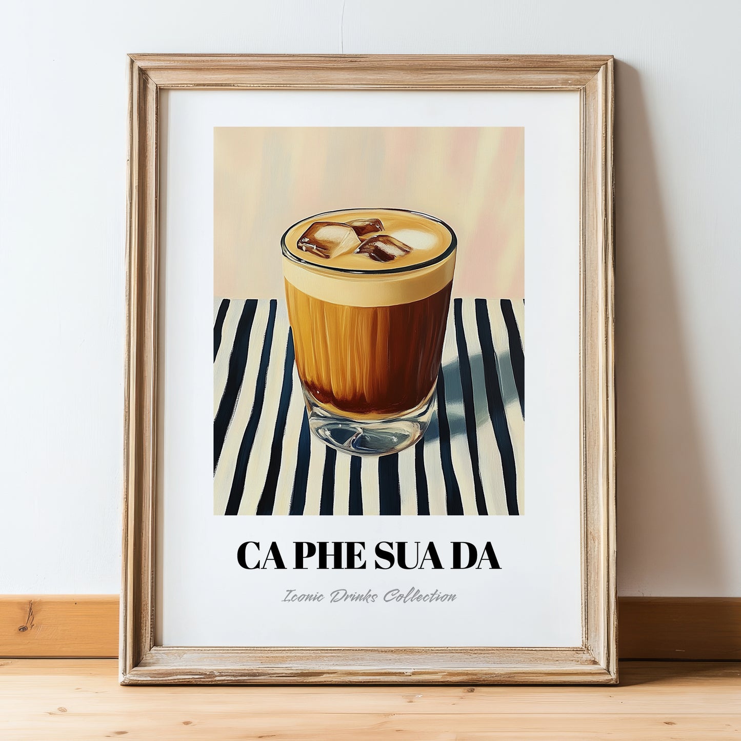 Cà Phê Sữa Đá – on Striped Tablecloth, Vietnamese Beverage Poster, in wooden frame leaning on the floor