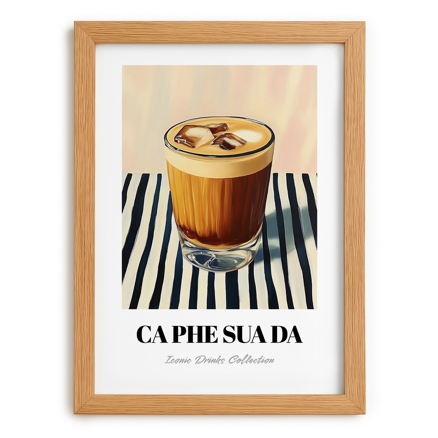 Cà Phê Sữa Đá – on Striped Tablecloth, Vietnamese Beverage Poster, set in oak frame
