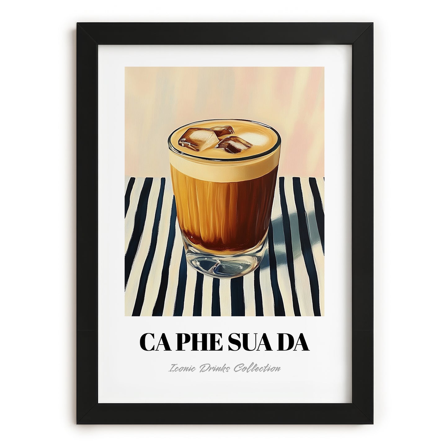 Cà Phê Sữa Đá – on Striped Tablecloth, Vietnamese Beverage Poster, in sleek black frame