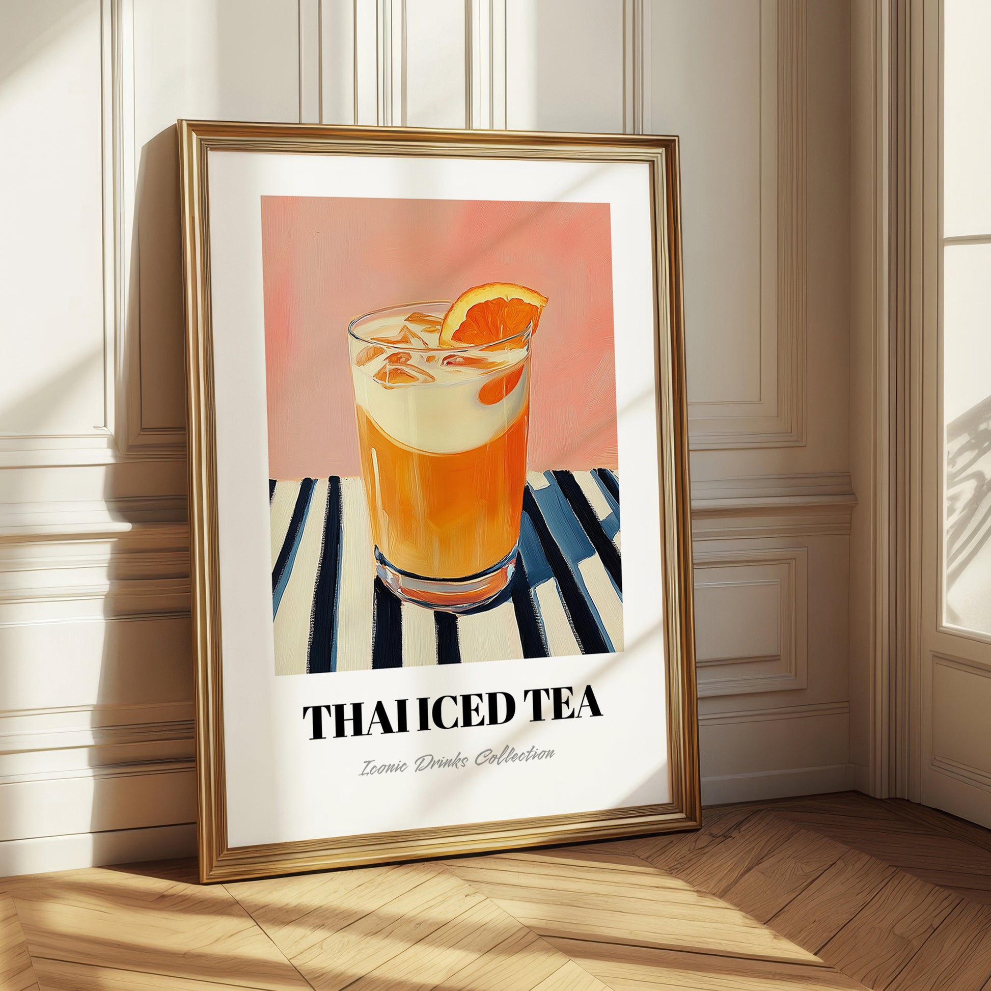 Thai Iced Tea – on Striped Tablecloth, Thai Beverage Still Life