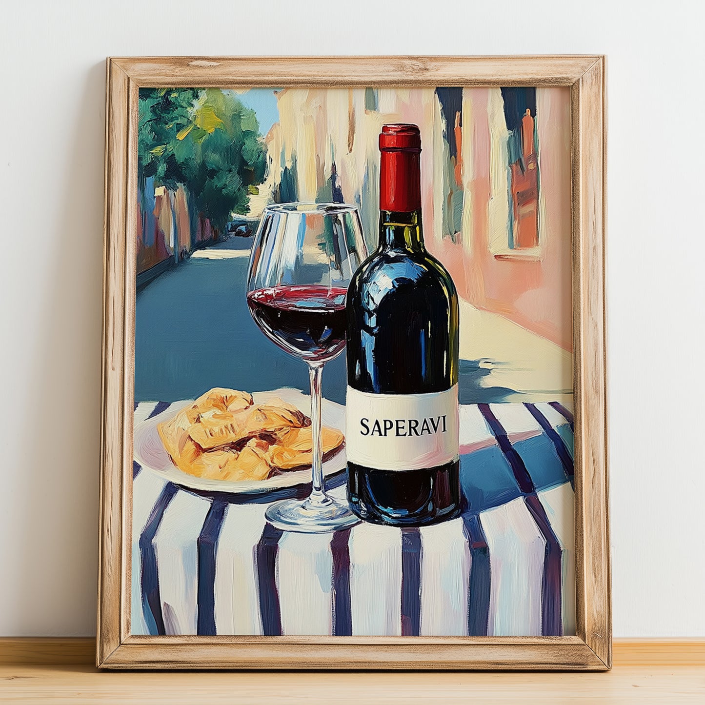 Saperavi – Georgian Café on the Corner, Georgian Wine Wall Decor, no-text version framed in wood