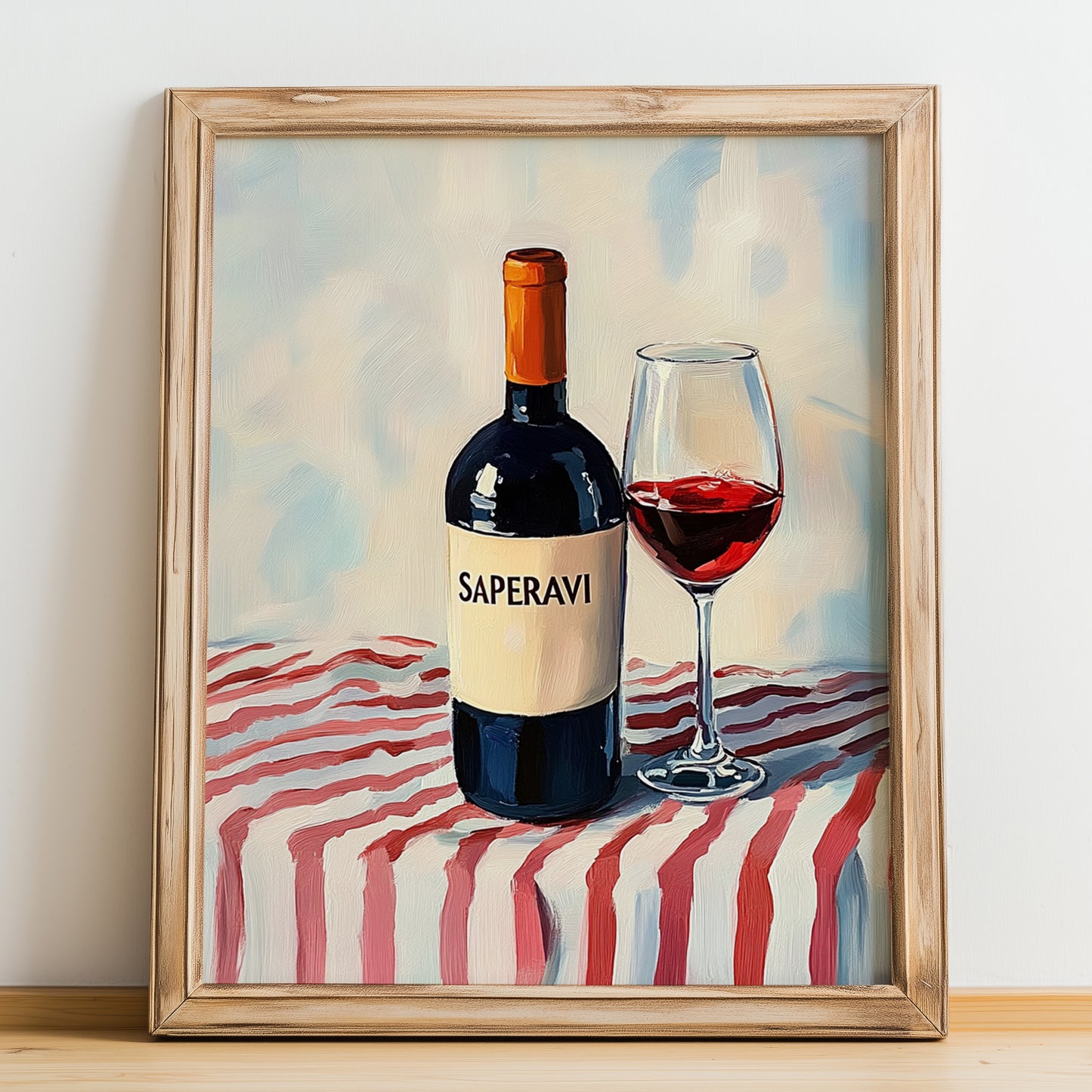 Saperavi – on Striped Tablecloth, Georgian Spirit Poster, no-text version framed in wood