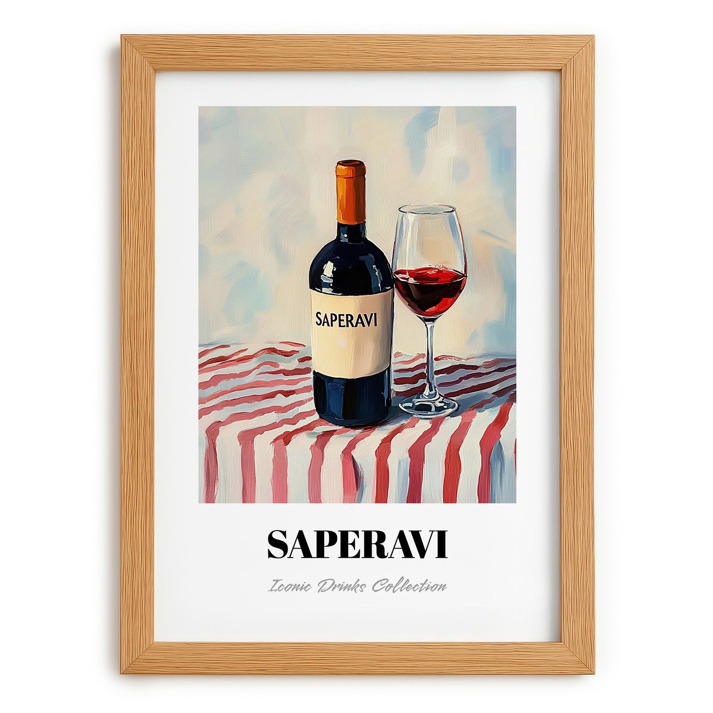 Saperavi – on Striped Tablecloth, Georgian Spirit Poster, set in oak frame