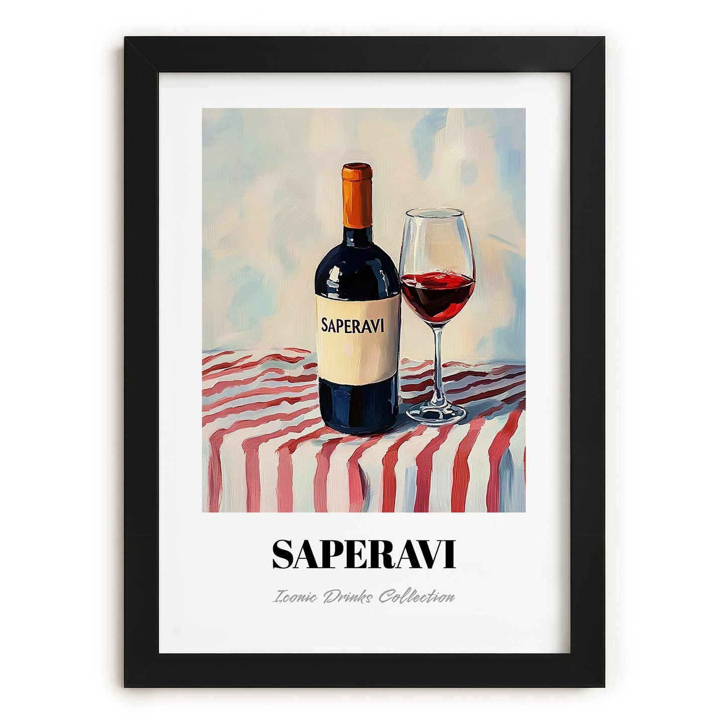 Saperavi – on Striped Tablecloth, Georgian Spirit Poster, in sleek black frame