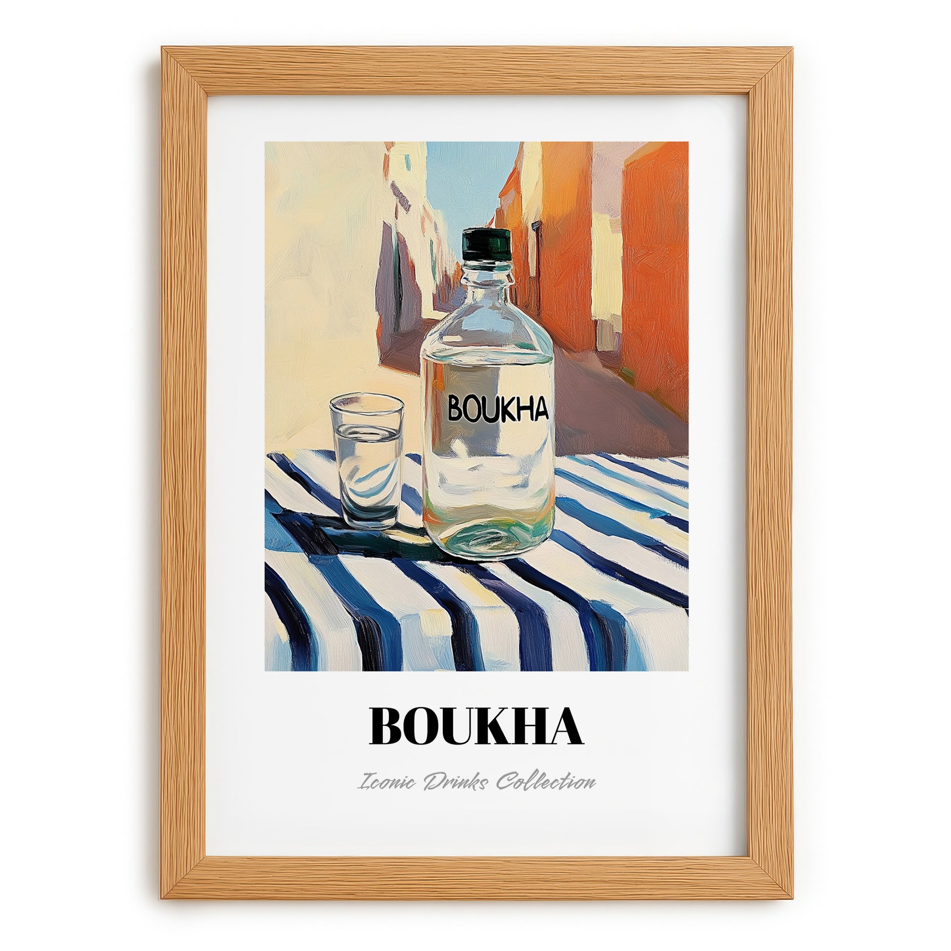 Boukha – Tunisian Street Café Scene, Tunisian Spirit Wall Decor, set in oak frame