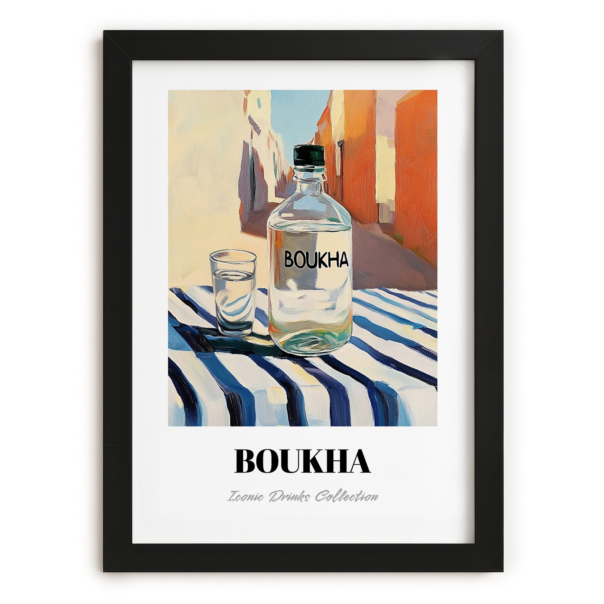 Boukha – Tunisian Street Café Scene, Tunisian Spirit Wall Decor, in sleek black frame