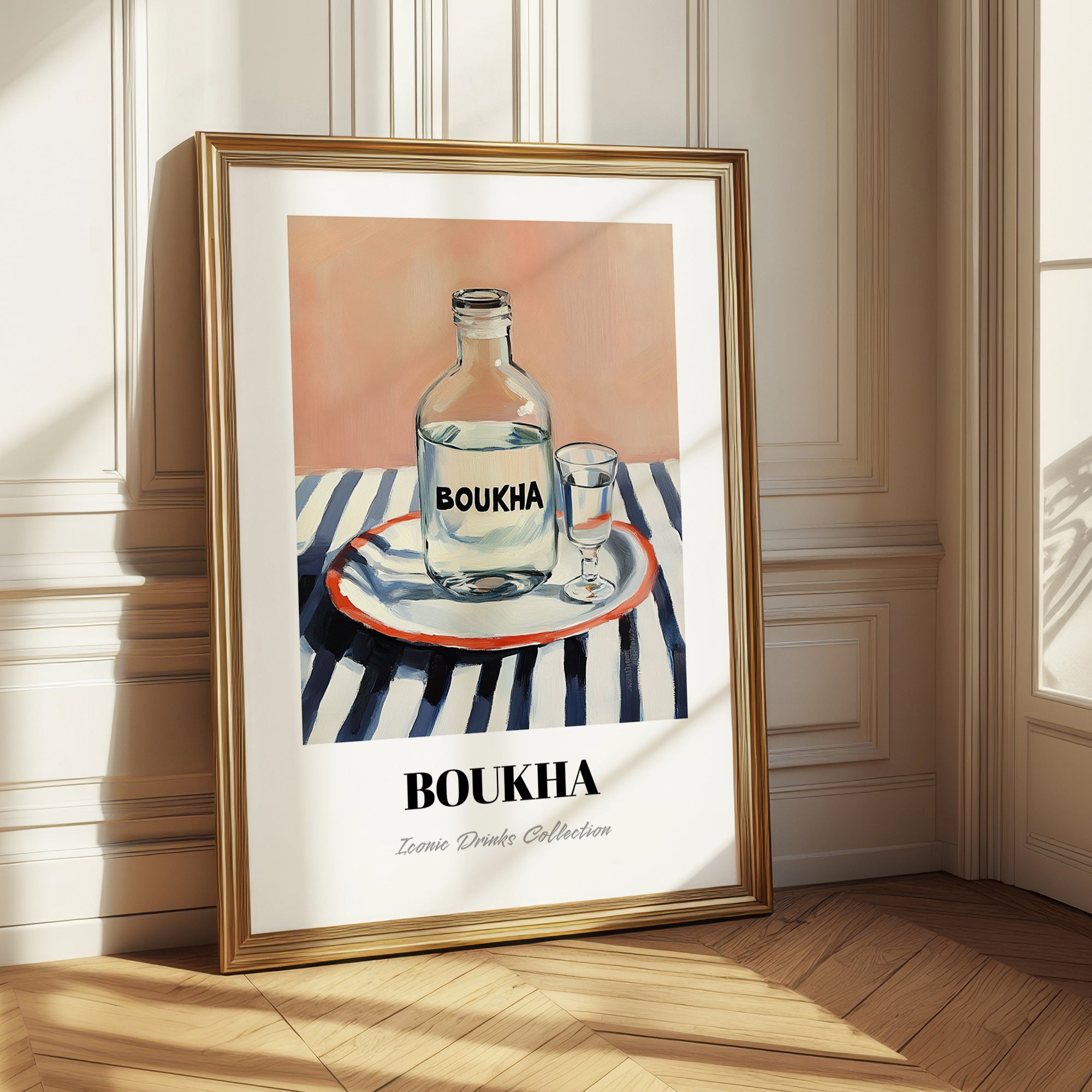 Boukha – on Striped Tablecloth, Tunisian Wine Still Life