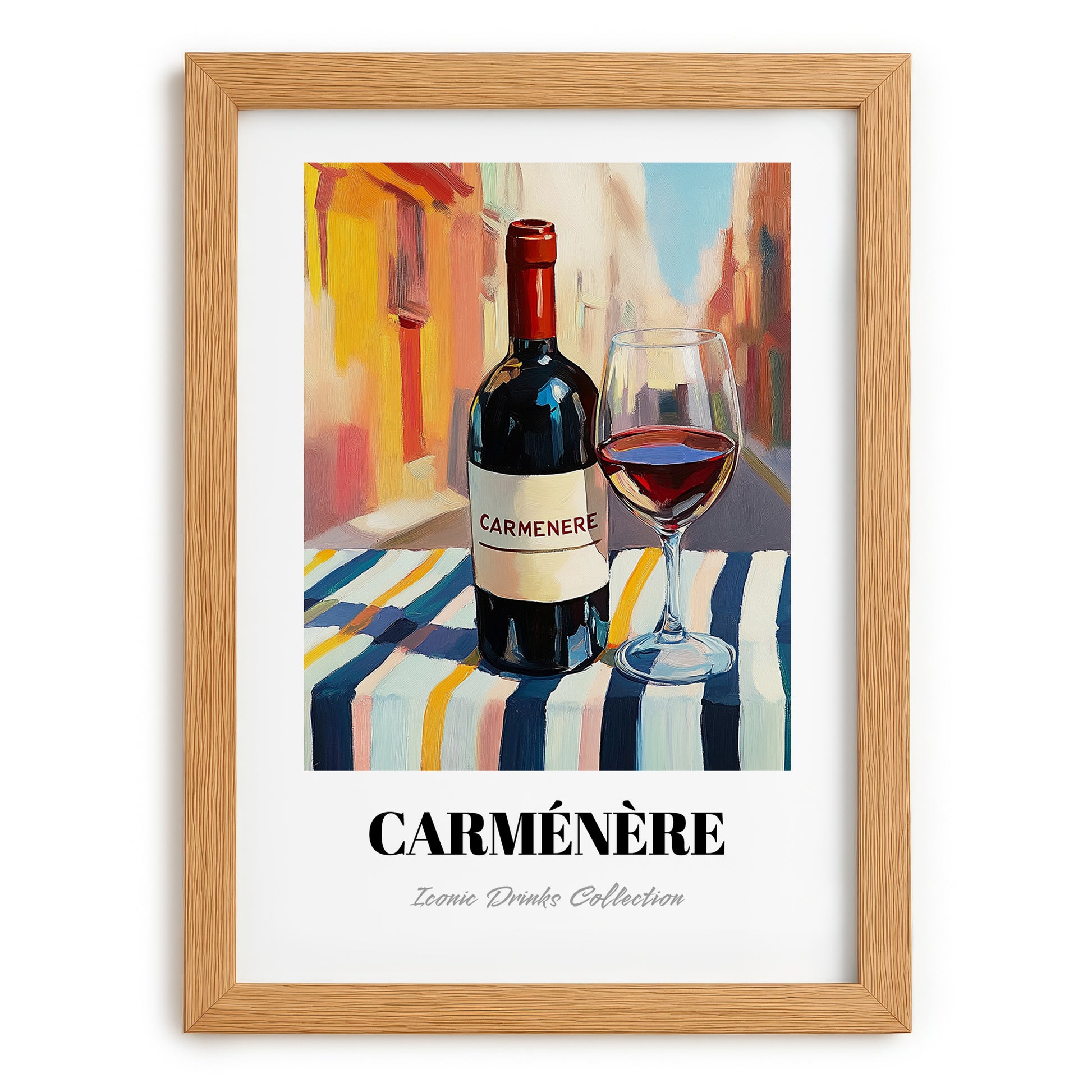 Carménère – Chilean Outdoor Café Scene, Chilean Wine Wall Art, set in oak frame