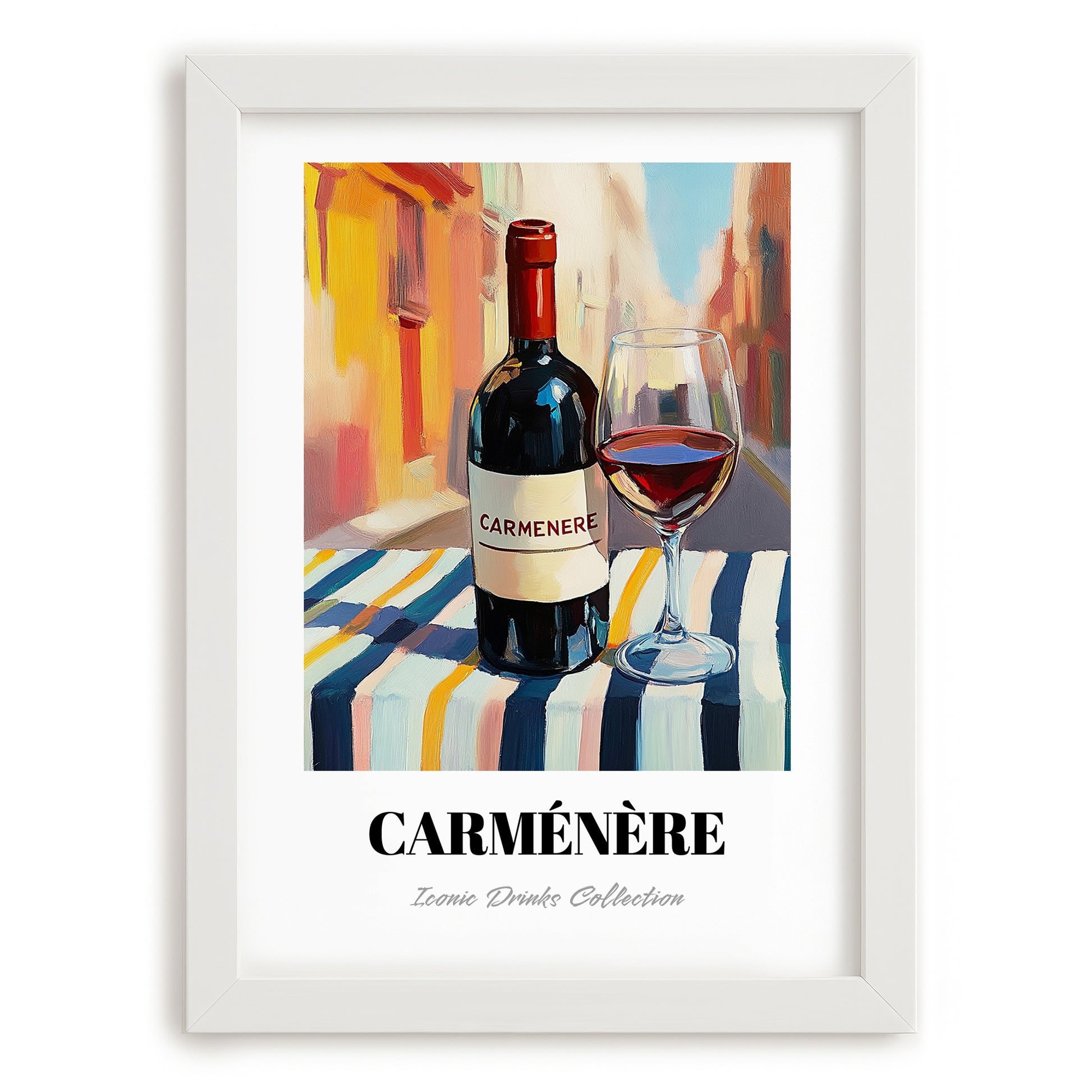 Carménère – Chilean Outdoor Café Scene, Chilean Wine Wall Art, placed in minimal white frame