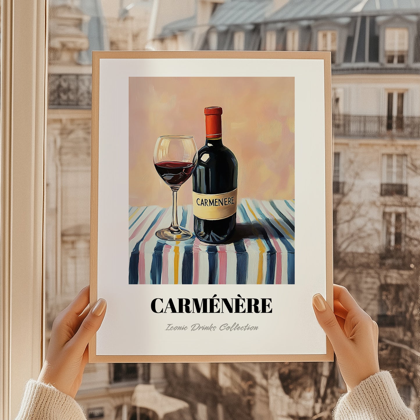 Carménère – on Striped Tablecloth, Chilean Beverage Painting, styled in a charming Paris street view