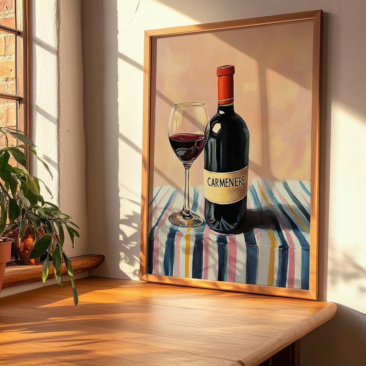 Carménère – on Striped Tablecloth, Chilean Beverage Painting, clean layout with no caption