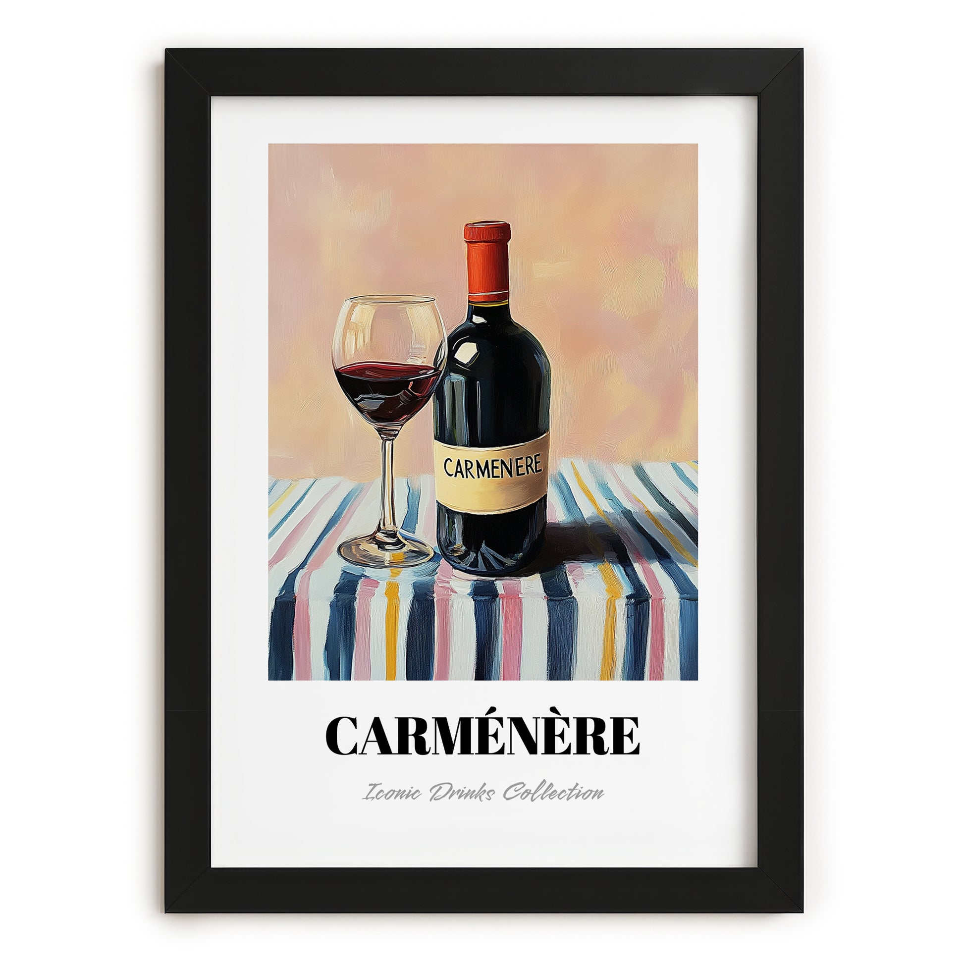 Carménère – on Striped Tablecloth, Chilean Beverage Painting, in sleek black frame