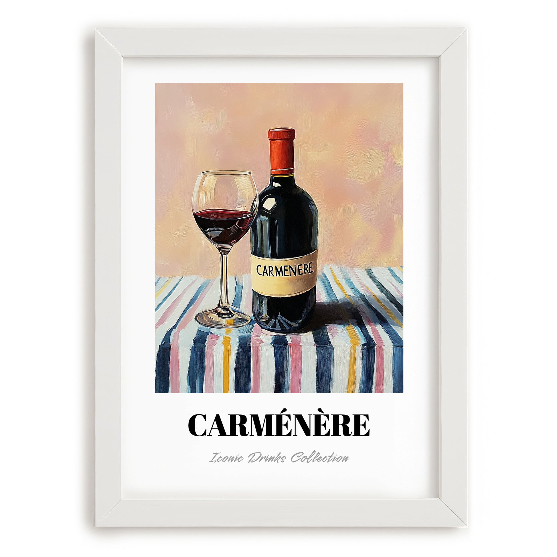 Carménère – on Striped Tablecloth, Chilean Beverage Painting, placed in minimal white frame
