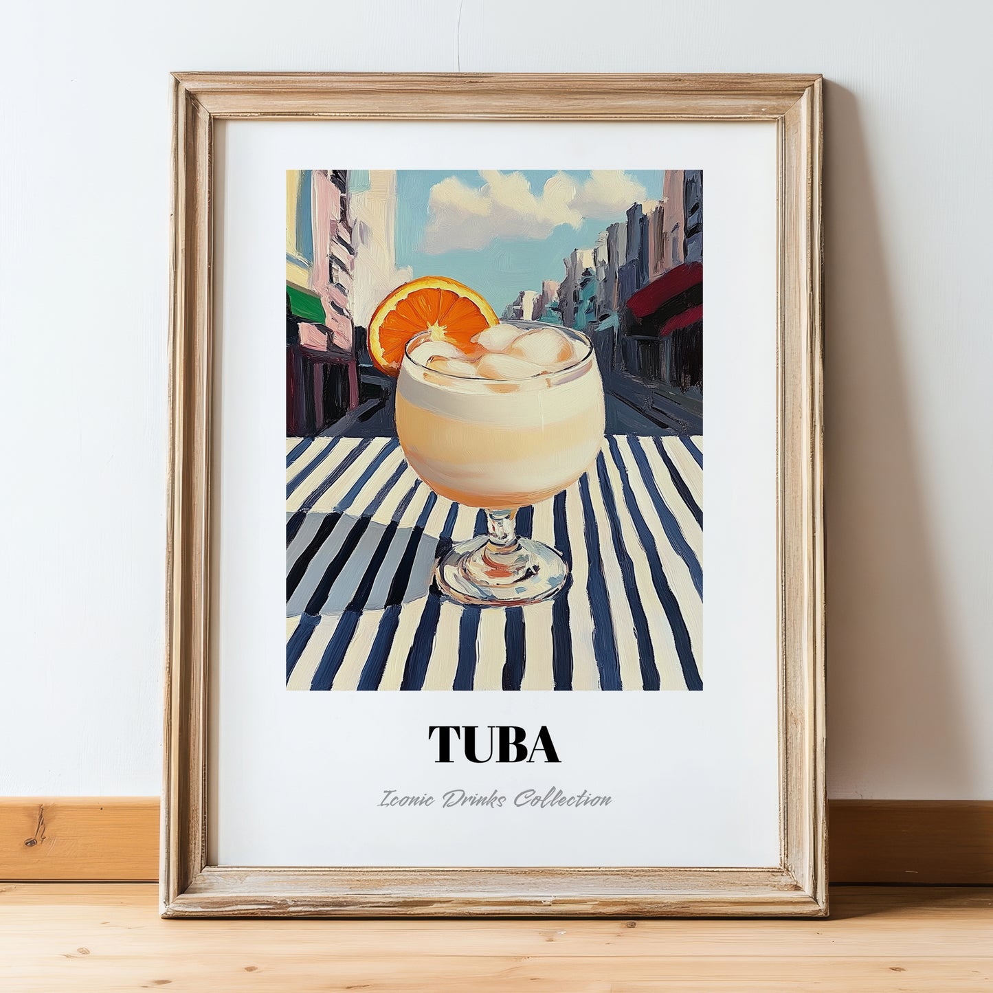 Tuba – Philippine Café on the Corner, Philippine Beverage Print, in wooden frame leaning on the floor