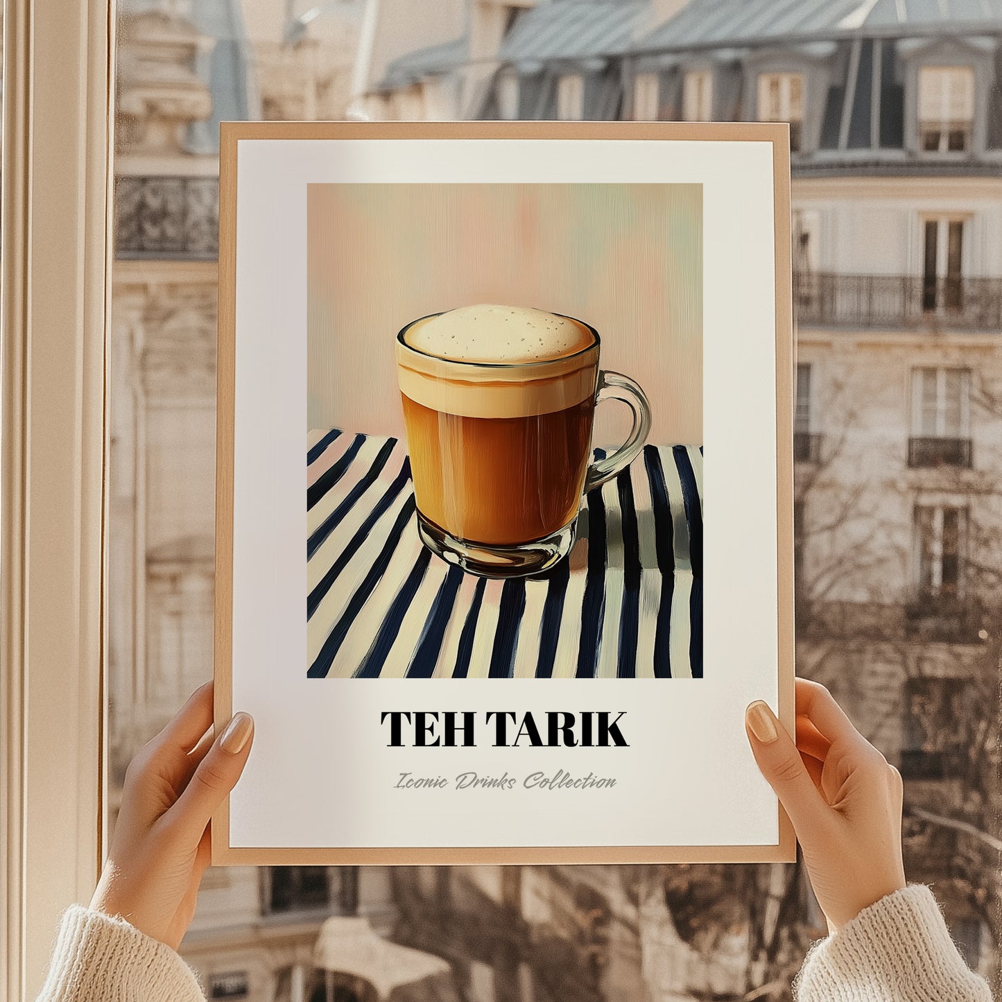 Teh Tarik – on Striped Tablecloth, Malaysian Tea Painting, styled in a charming Paris street view
