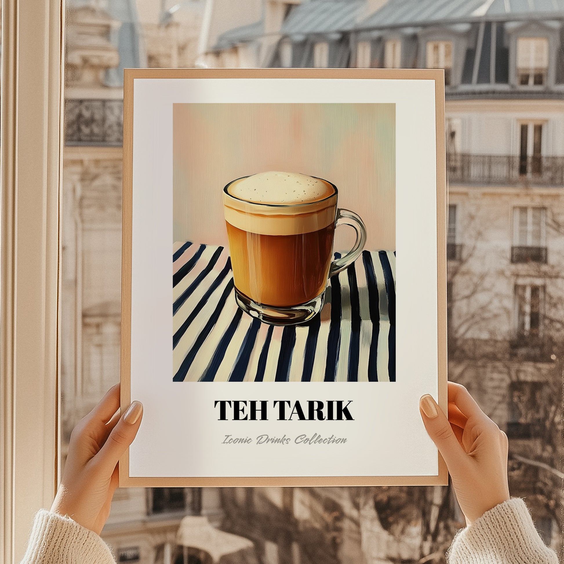 Teh Tarik – on Striped Tablecloth, Malaysian Tea Painting, styled in a charming Paris street view