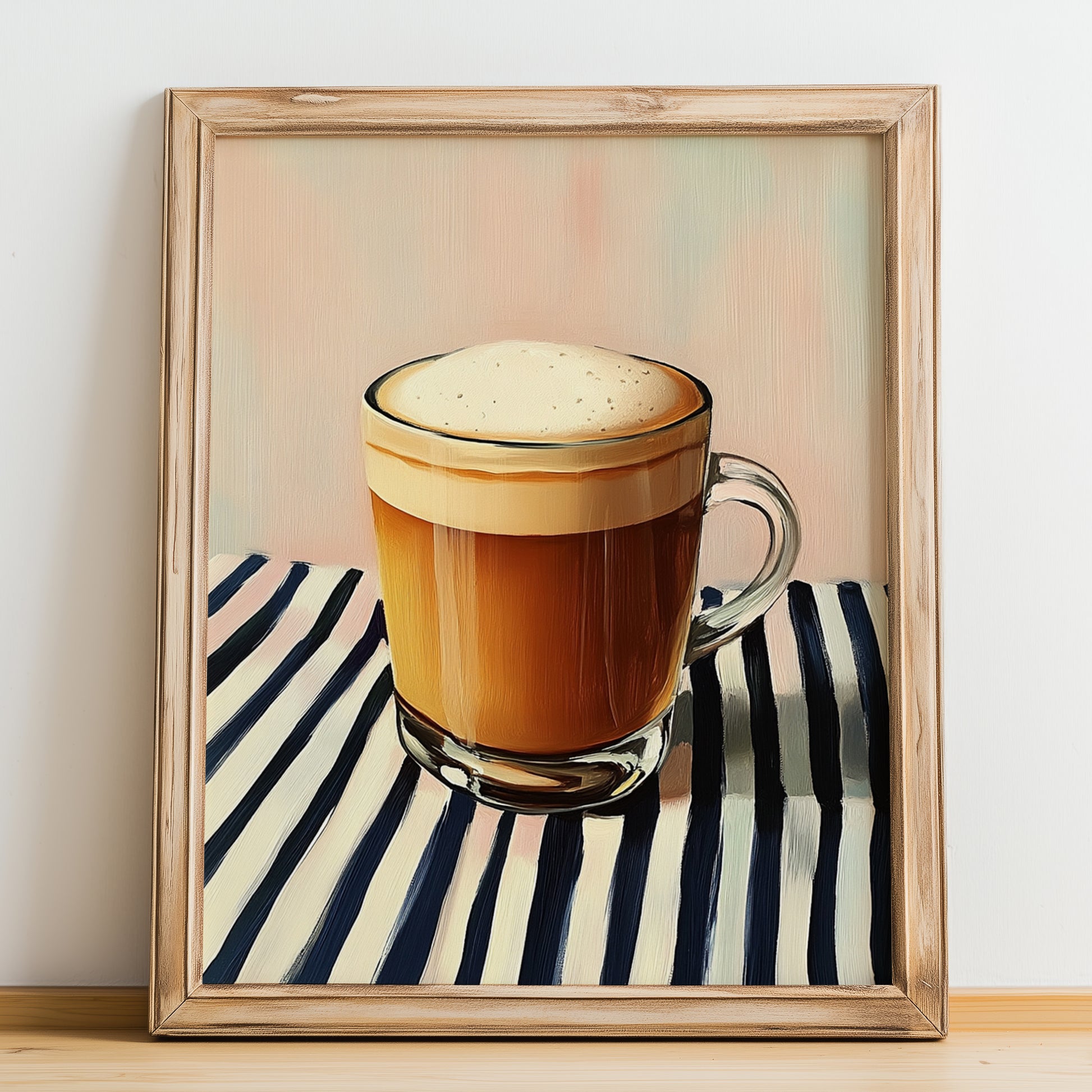 Teh Tarik – on Striped Tablecloth, Malaysian Tea Painting, no-text version framed in wood
