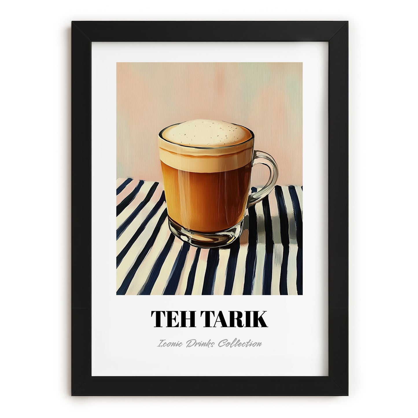 Teh Tarik – on Striped Tablecloth, Malaysian Tea Painting, in sleek black frame