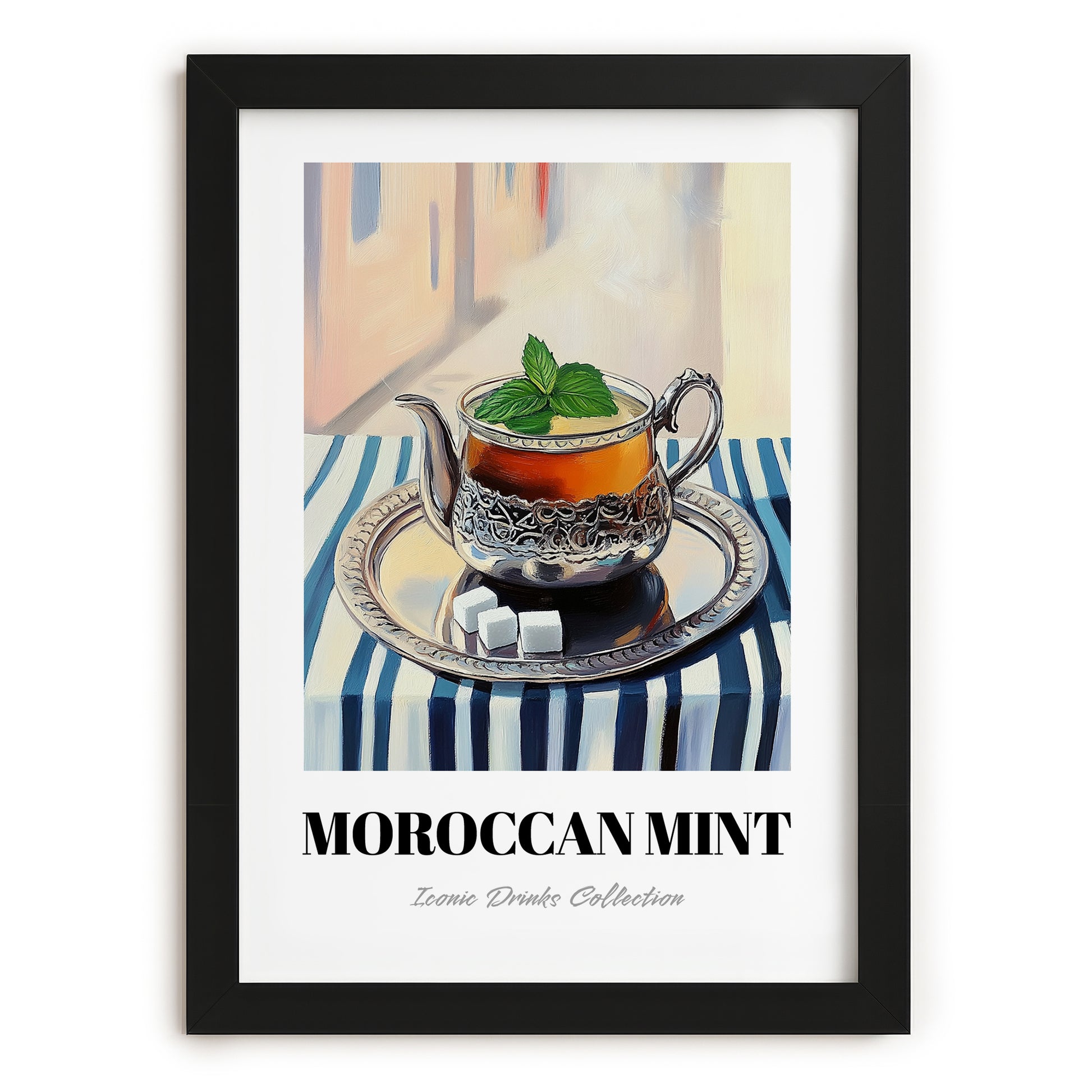 Moroccan Mint Tea – Moroccan Street Café Scene, Moroccan Spirit Still Life, in sleek black frame
