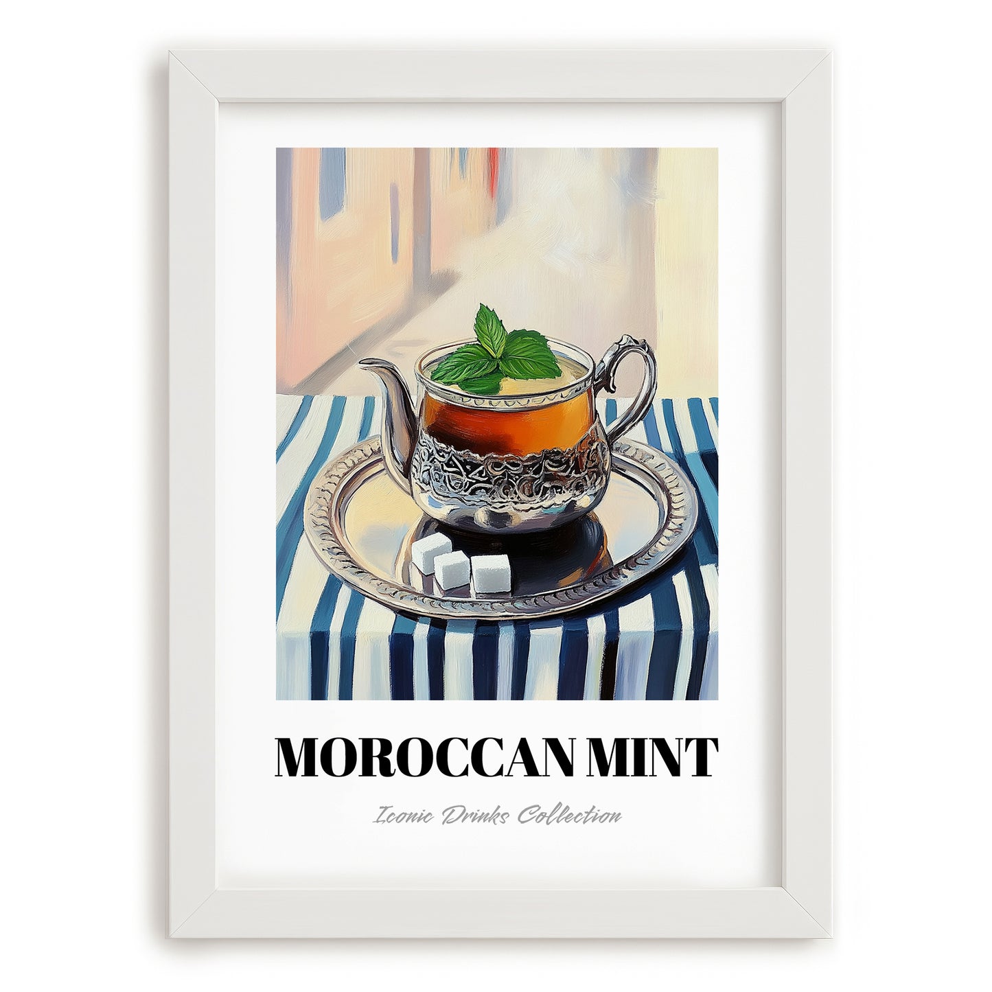 Moroccan Mint Tea – Moroccan Street Café Scene, Moroccan Spirit Still Life, placed in minimal white frame