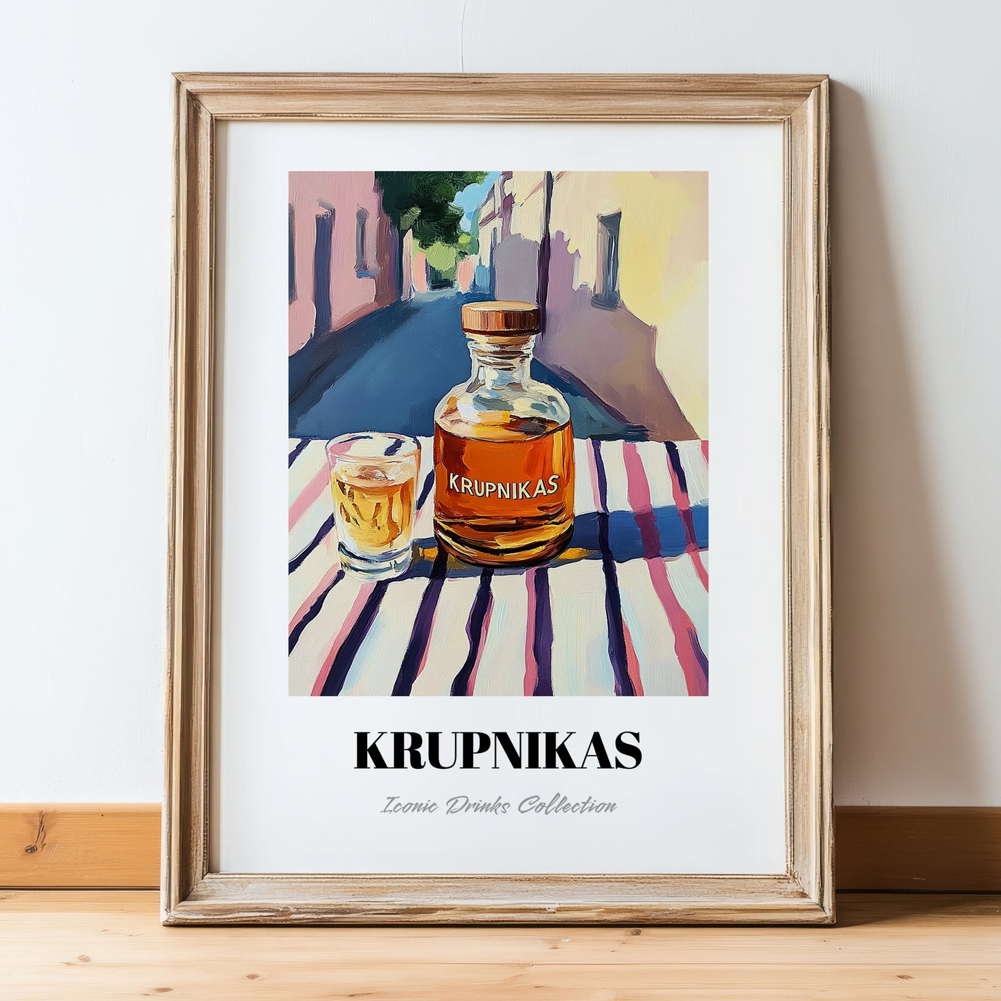 Krupnikas – Lithuanian Outdoor Café Scene, Lithuanian Spirit Still Life, in wooden frame leaning on the floor